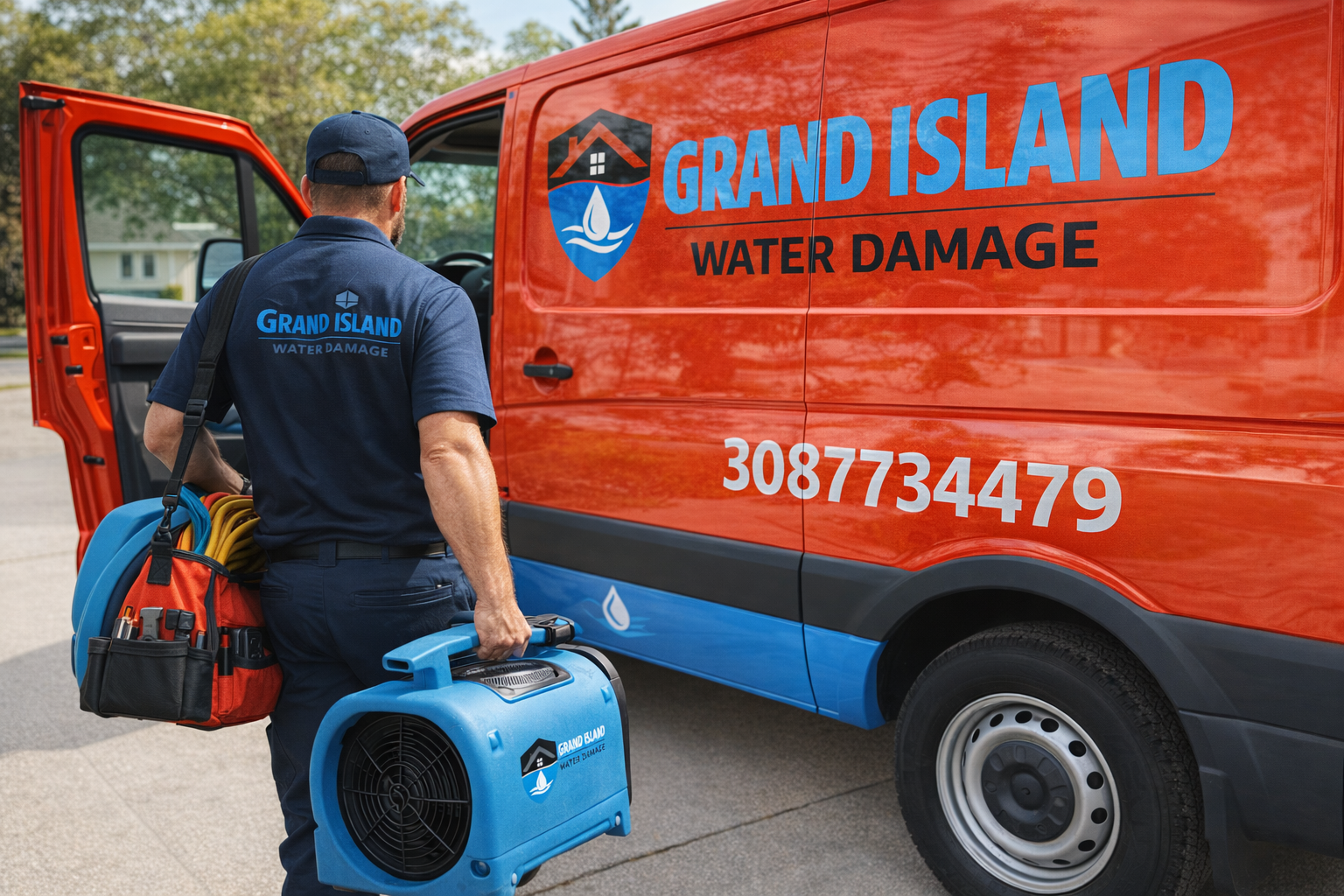 Grand Island Water Damage technician carrying drying equipment